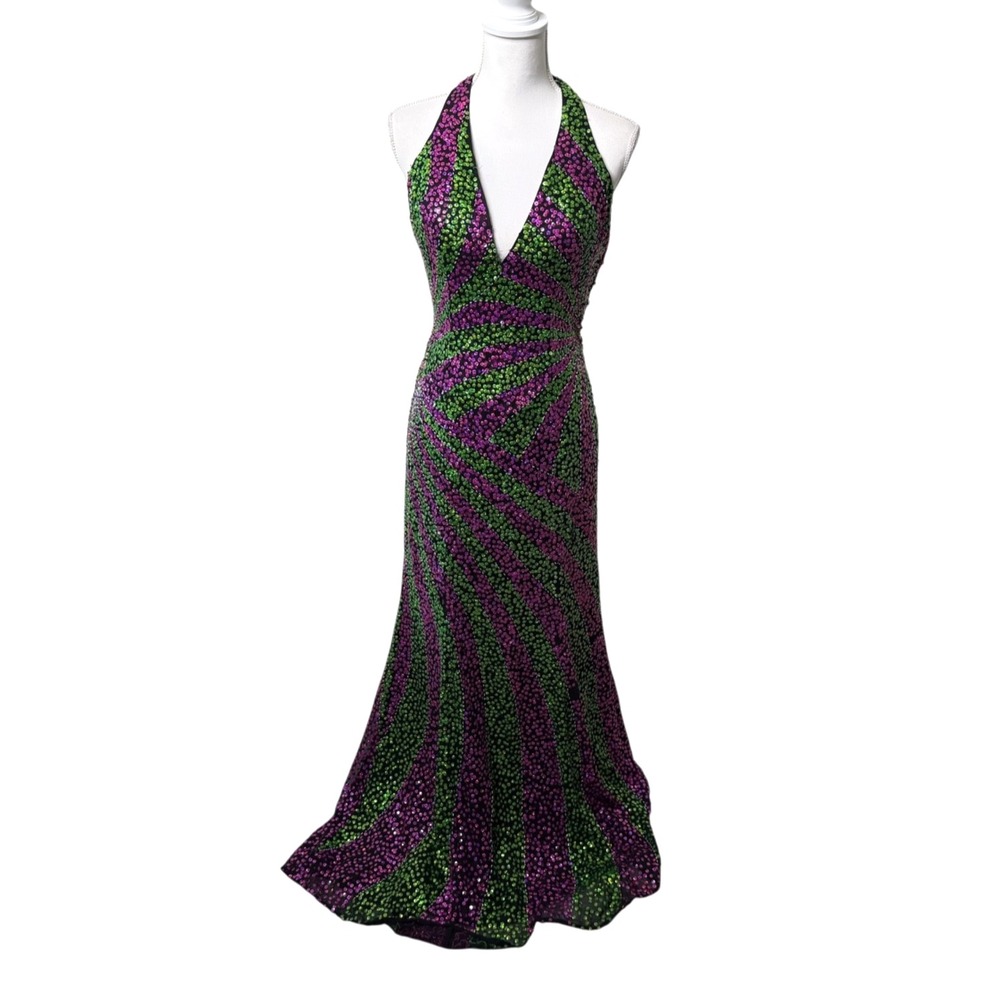 Vtg Tiffany Designs Dress Multicolor Sz 6 Halter Sequins Disco Mardi Gras Retro